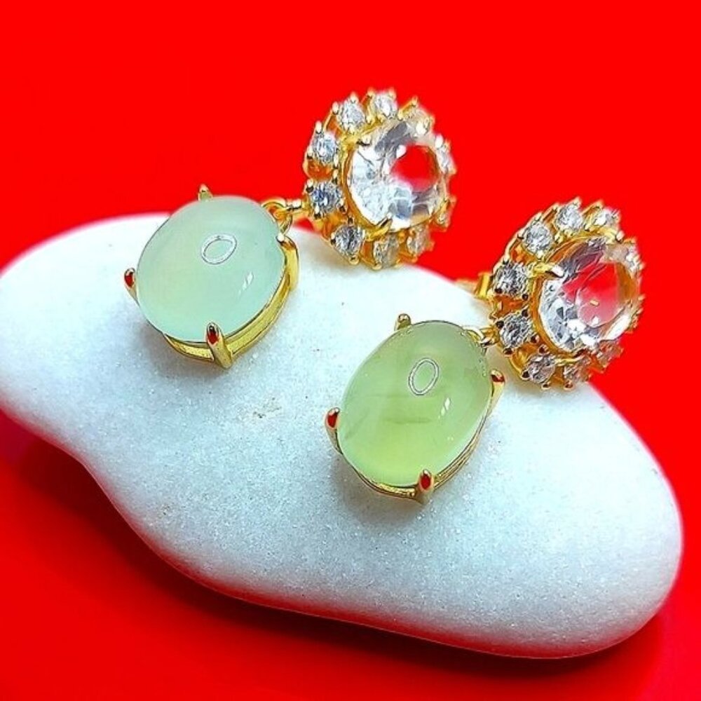 Natural Green Prehnite, Topaz‎ & CZ 925 Sterling Silver Earrings